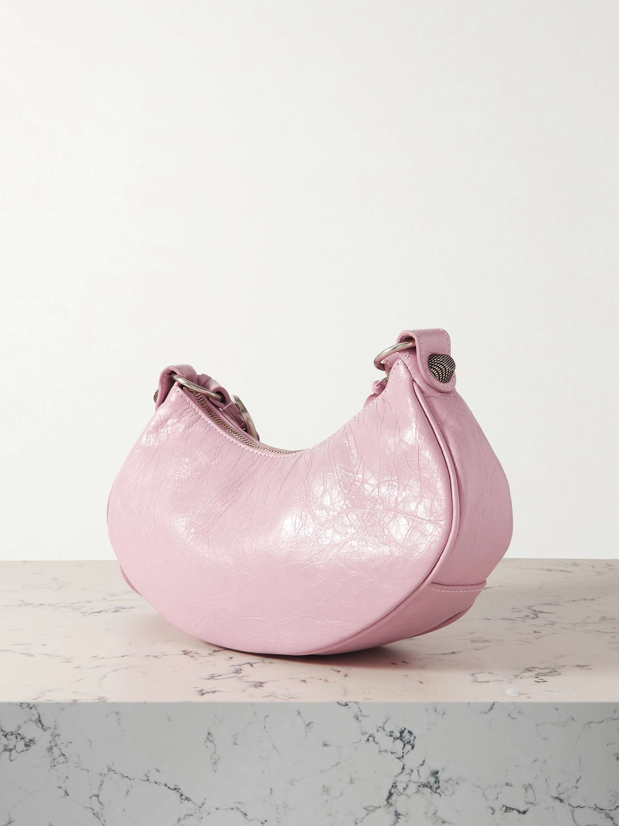 BALENCIAGA Le Cagole XS studded metallic crinkled-leather shoulder bag