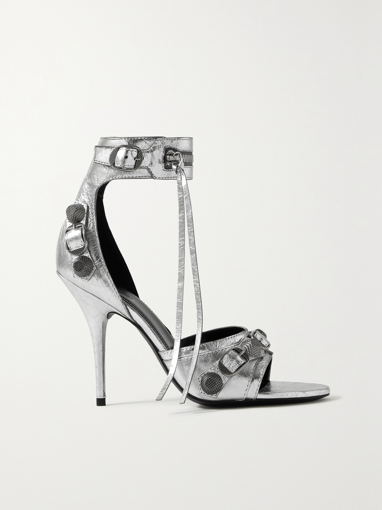 Shop Balenciaga Cagole Embellished Metallic Crinkled-leather Sandals In Silver