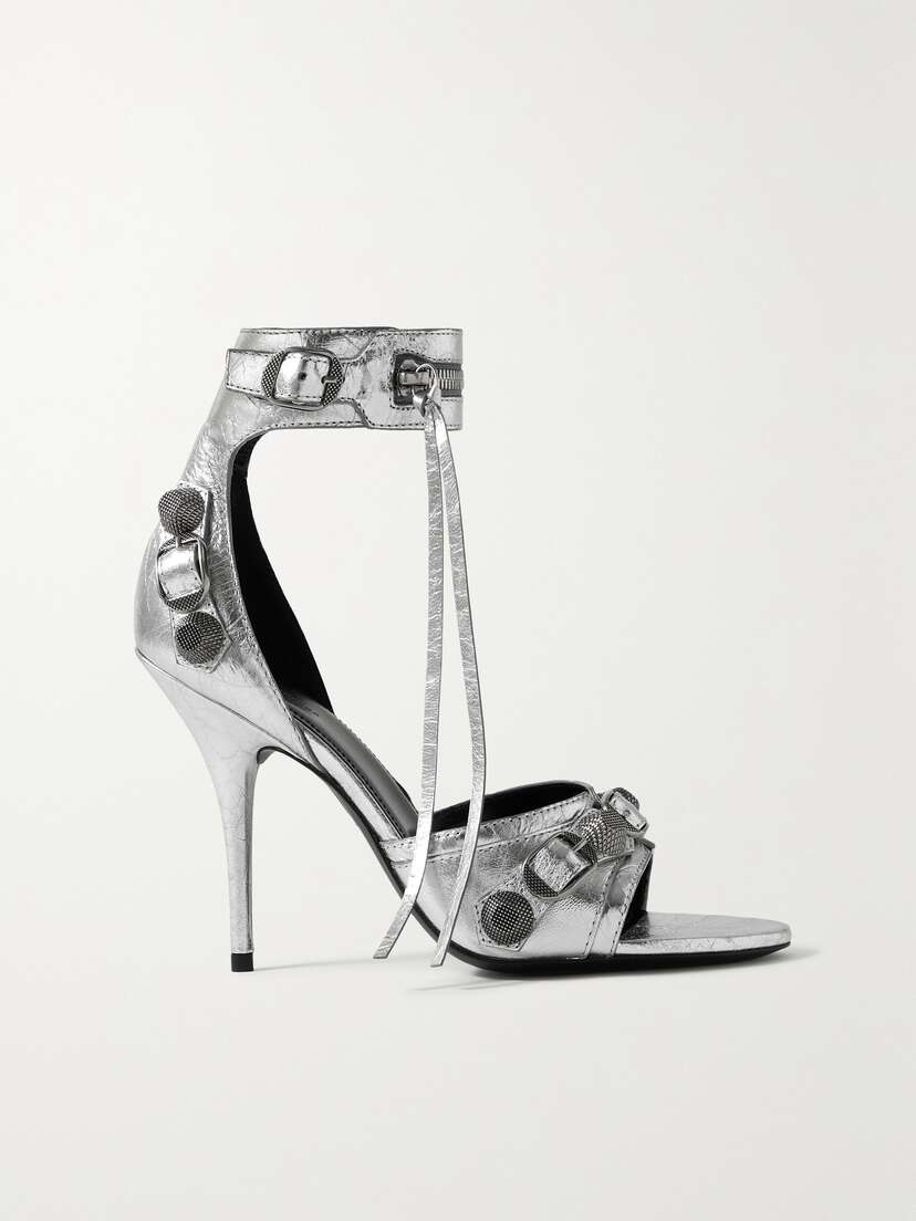 Balenciaga Cagole Embellished Metallic Crinkled-leather Sandals