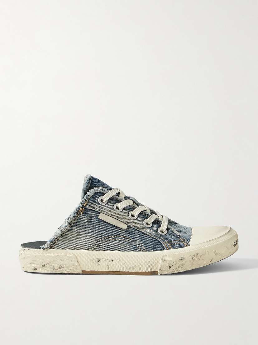 Balenciaga Paris Distressed Denim Slip-on Sneakers