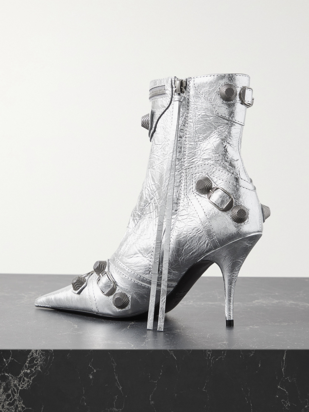 Balenciaga Le Cagole Studded Crinkled-leather Ankle Boots In Silver
