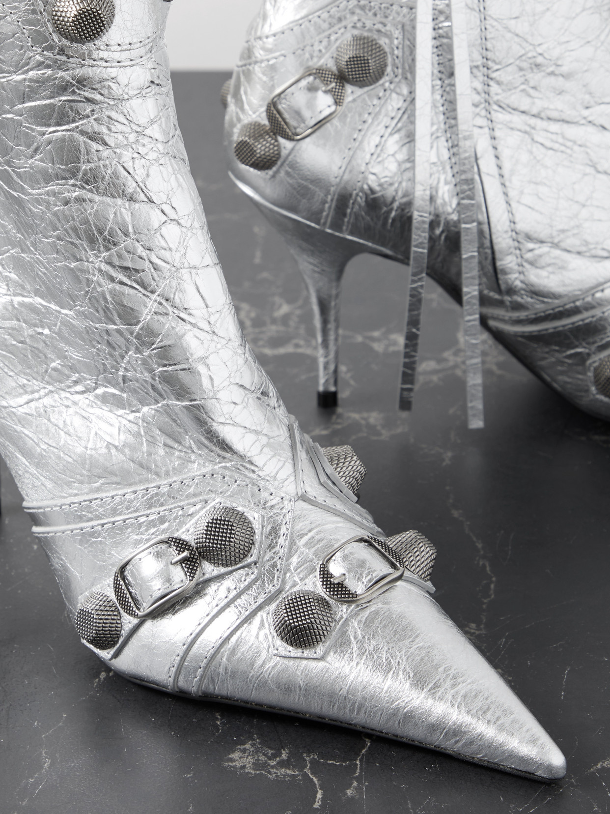 Balenciaga Le Cagole Studded Crinkled-leather Ankle Boots In Silver