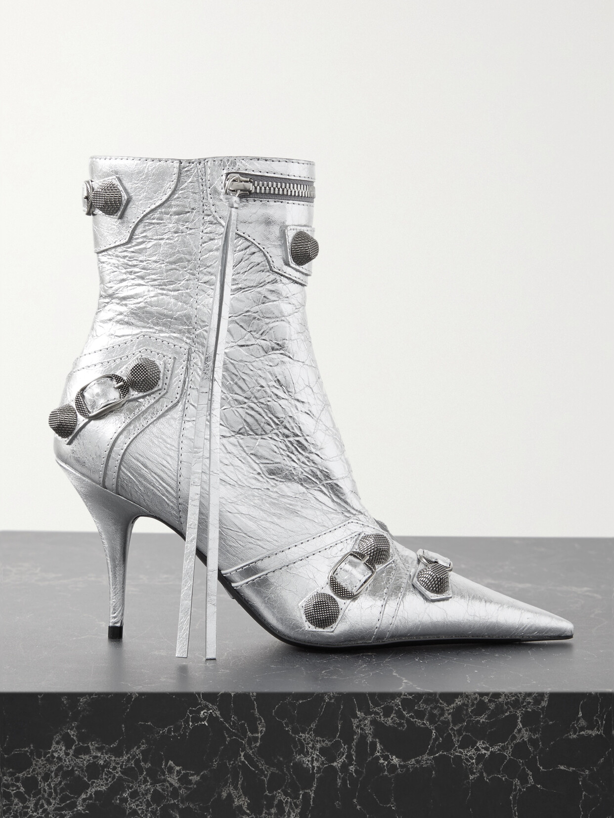 Balenciaga Le Cagole Studded Crinkled-leather Ankle Boots In Silver