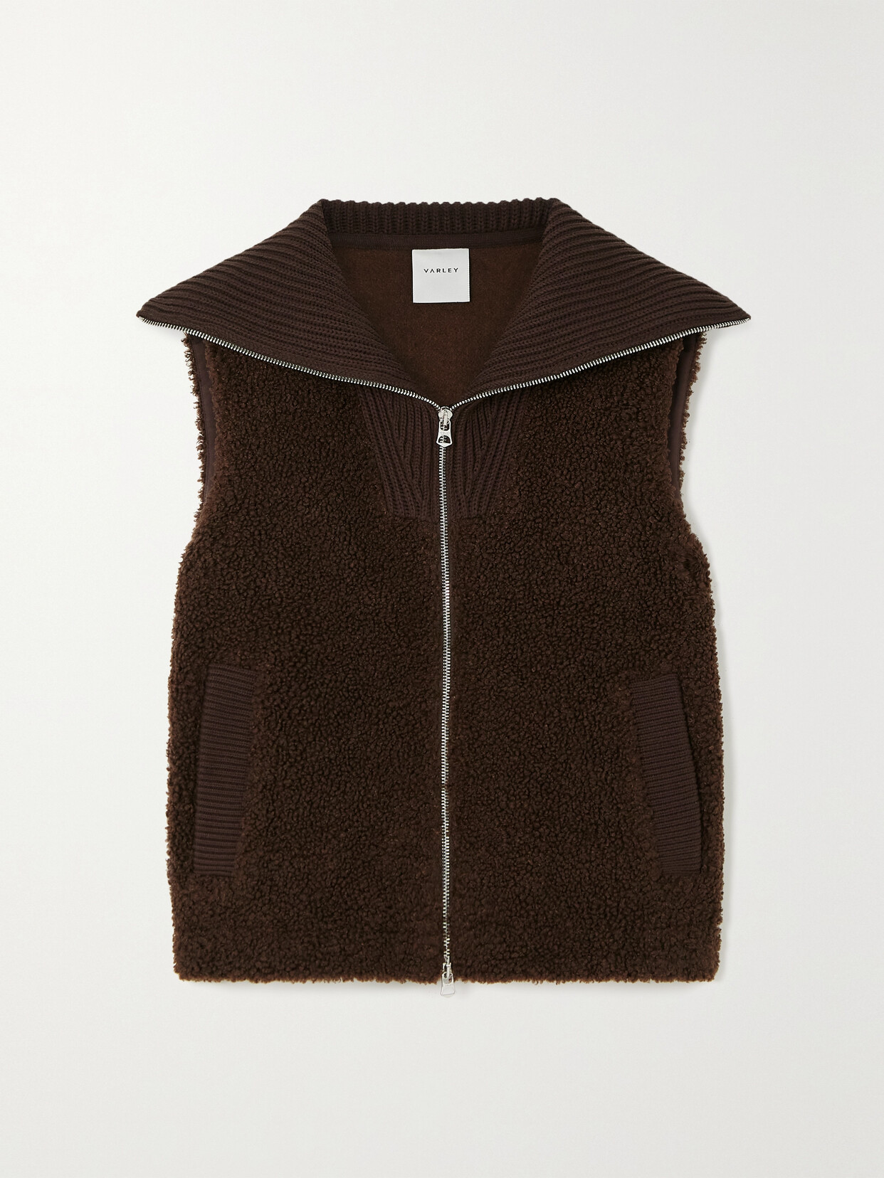 Shop Varley Aspen Ribbed Knit-trimmed Faux Shearling Vest In Brown