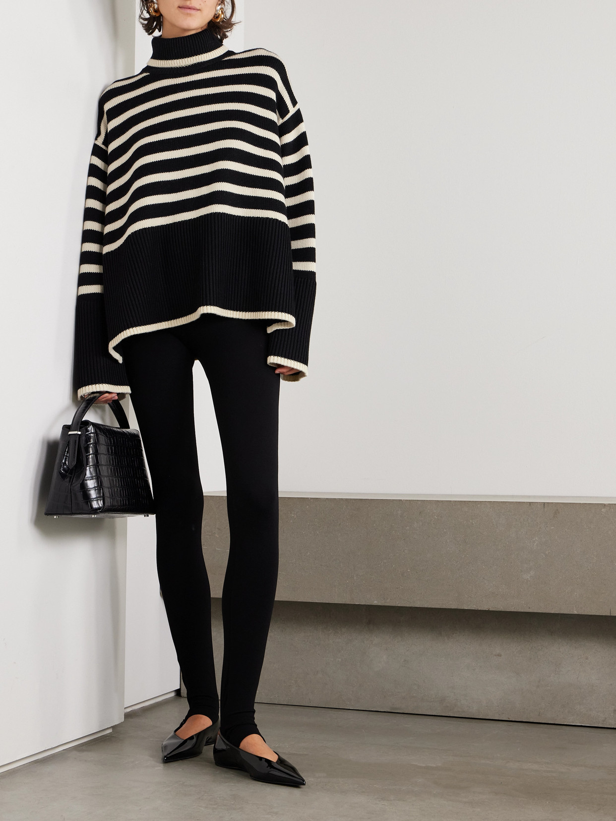 Shop Totême Striped Wool-blend Turtleneck Sweater In Black