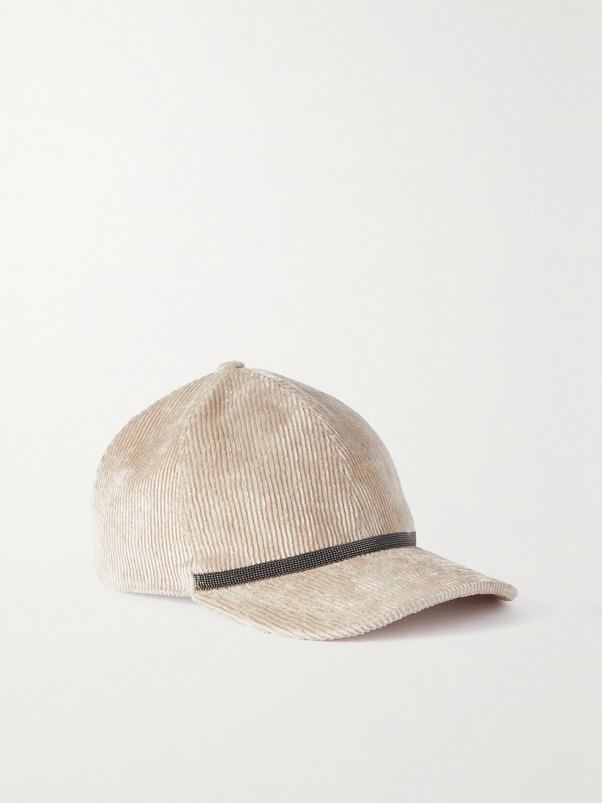 Brunello Cucinelli - Bead-embellished Leather-trimmed Corduroy Cap - Neutrals