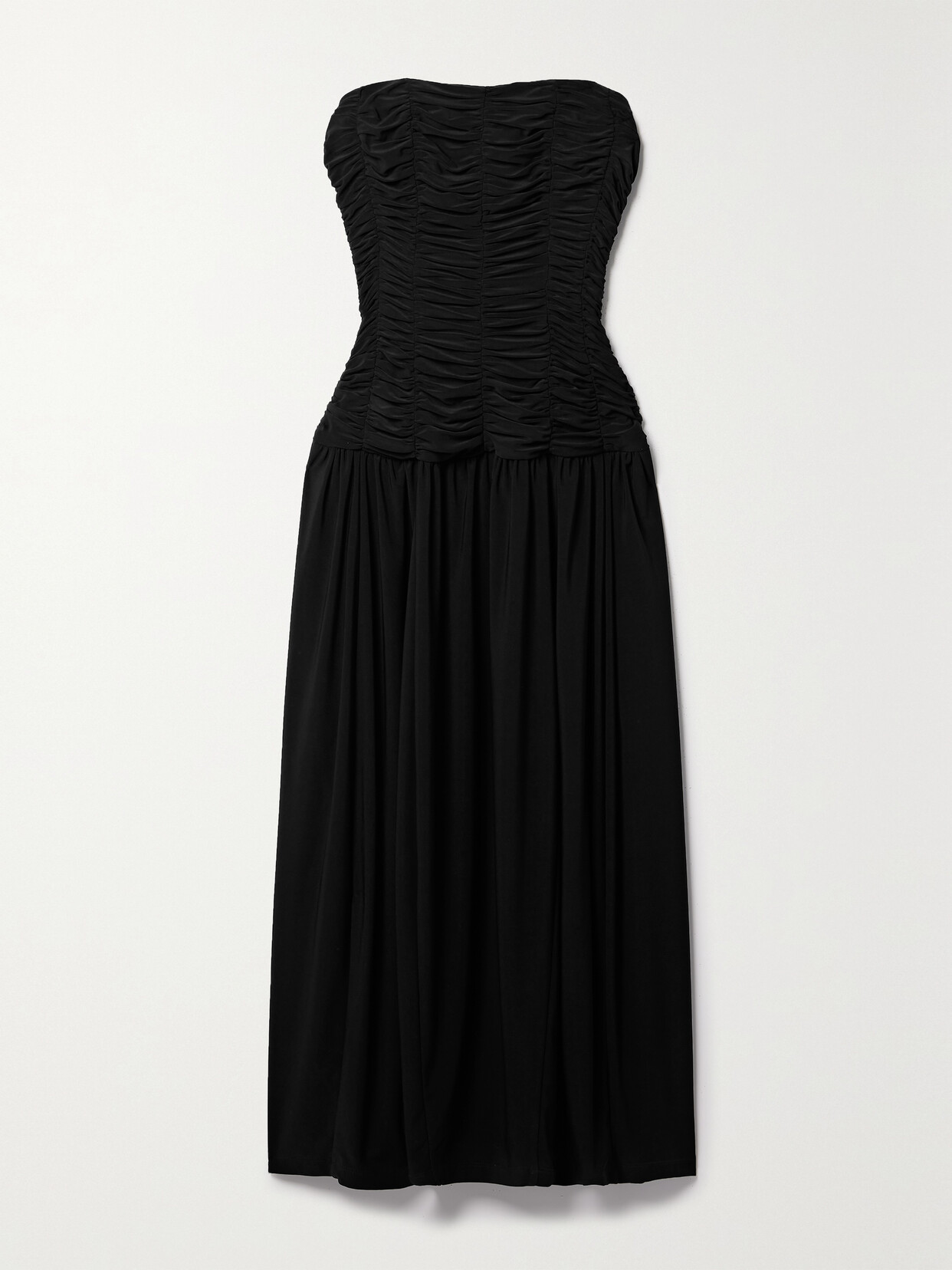 Shop Tibi Strapless Ruched Stretch-jersey Midi Dress In Black