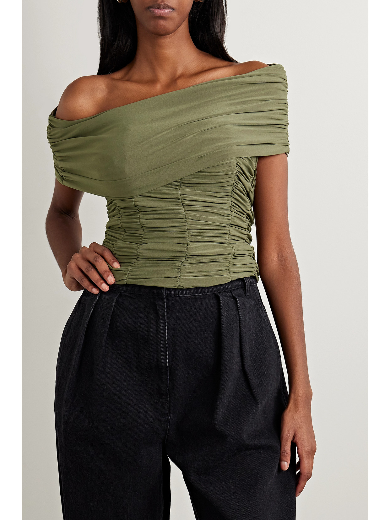 Tibi Convertible Off-the-shoulder Ruched Jersey Top In Green