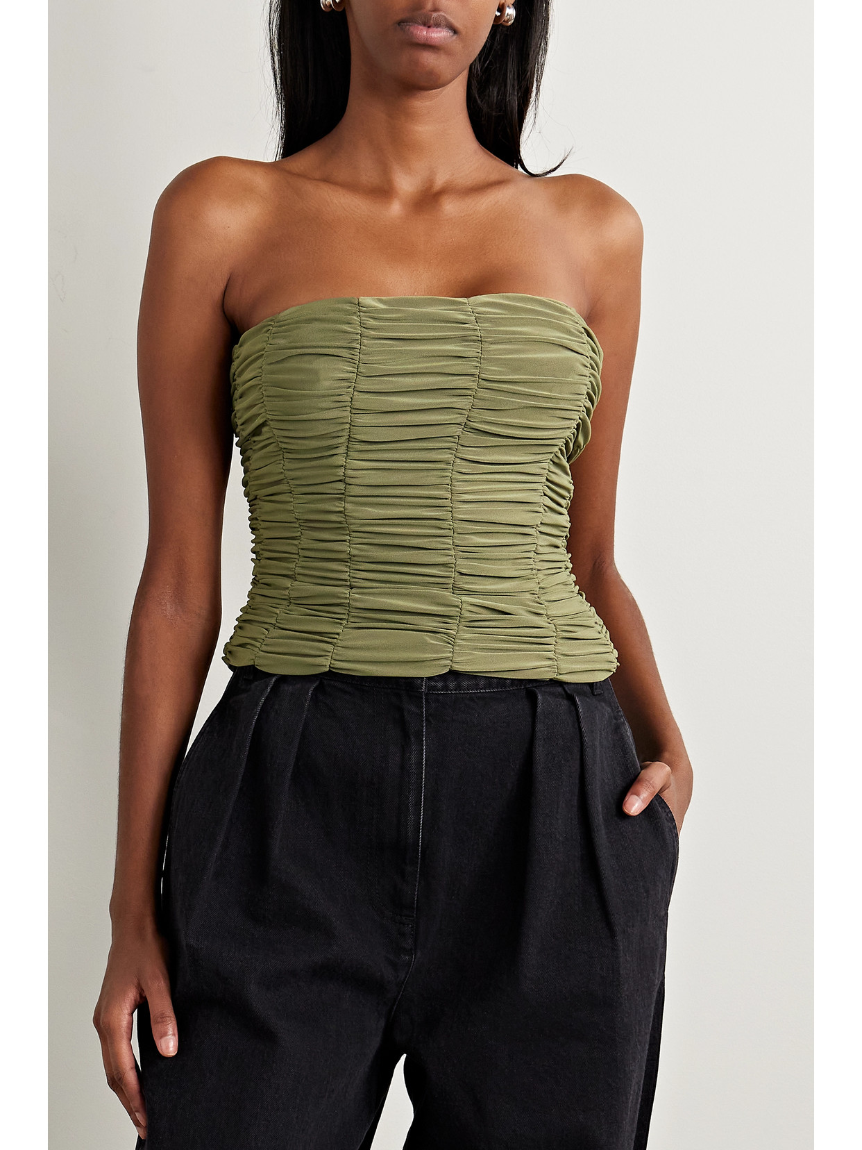 Tibi Convertible Off-the-shoulder Ruched Jersey Top In Green