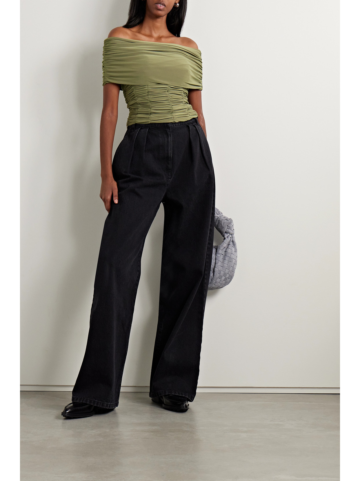 Tibi Convertible Off-the-shoulder Ruched Jersey Top In Green