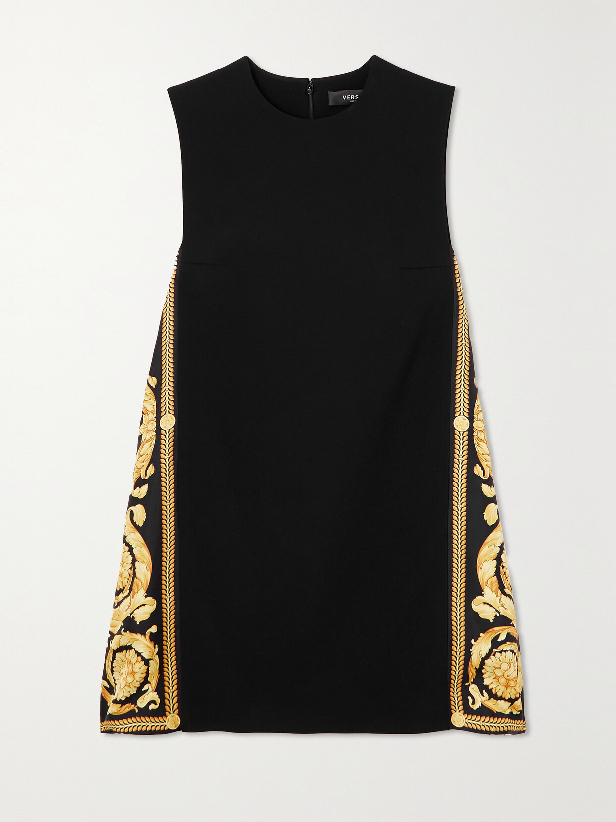 VERSACE ICONS PRINTED SATIN TWILL-TRIMMED CREPE MINI DRESS