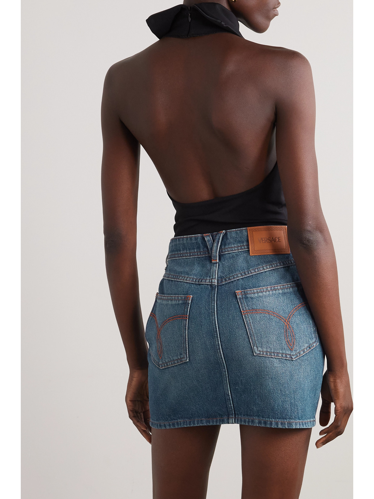 VERSACE ICONS EMBELLISHED DENIM MINI SKIRT 