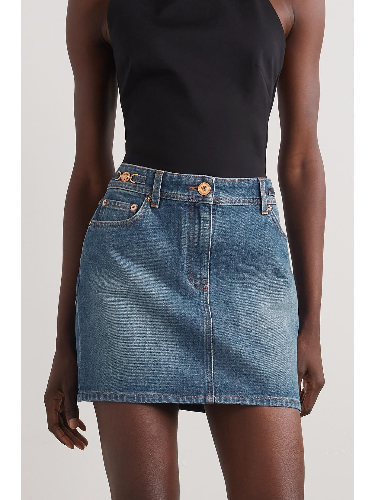 Shop Versace Icons Embellished Denim Mini Skirt In Blue