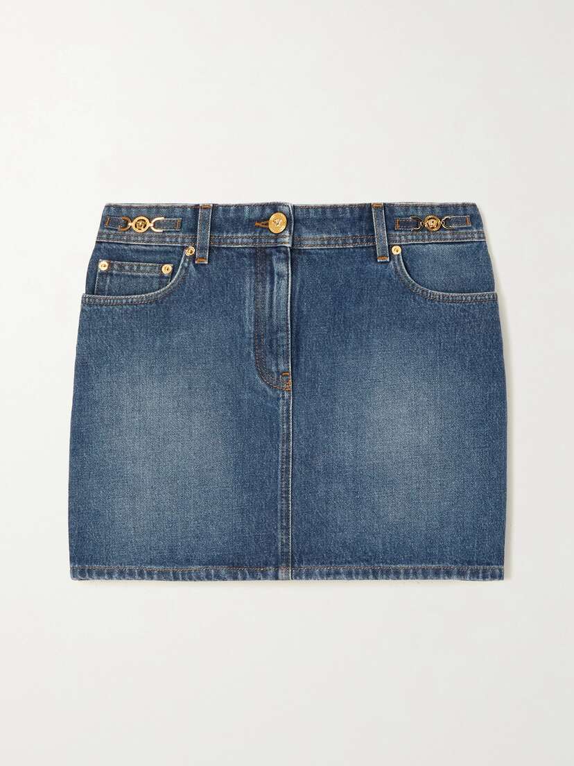 Versace Icons Embellished Denim Mini Skirt