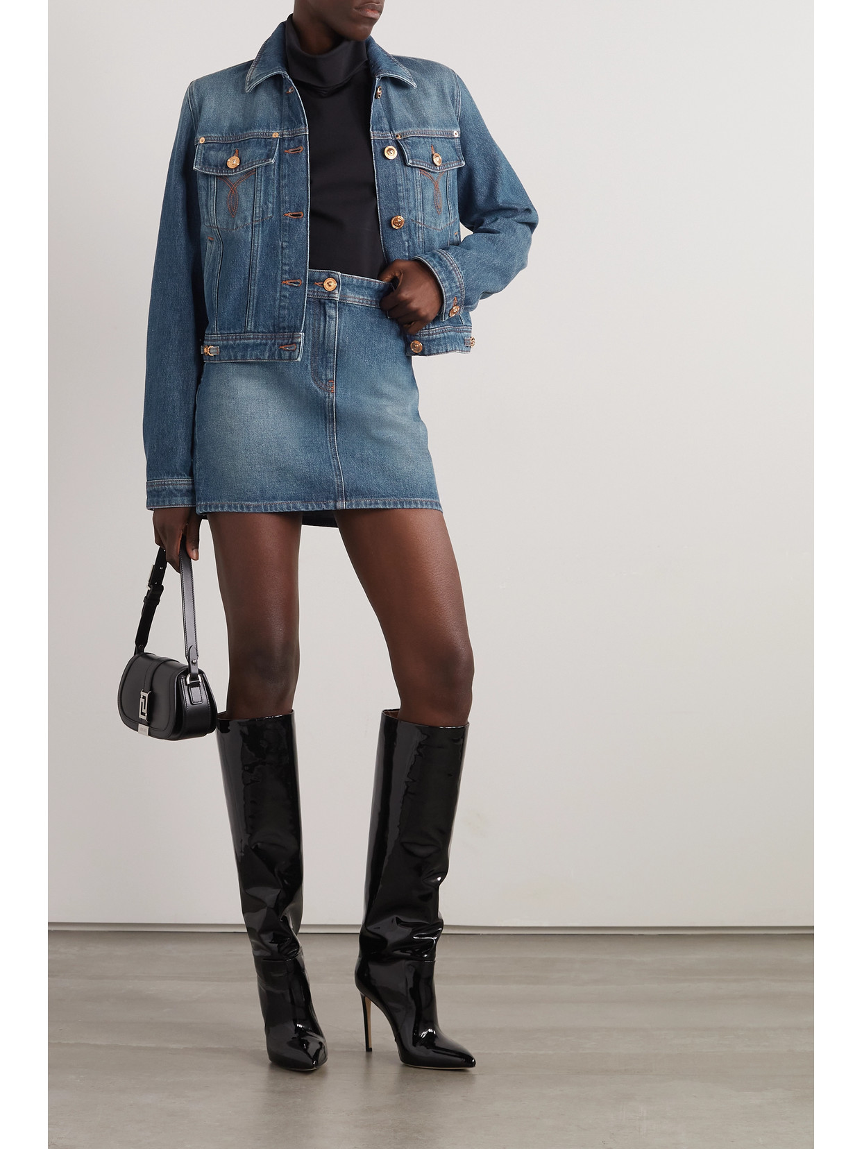 VERSACE ICONS EMBELLISHED DENIM MINI SKIRT 