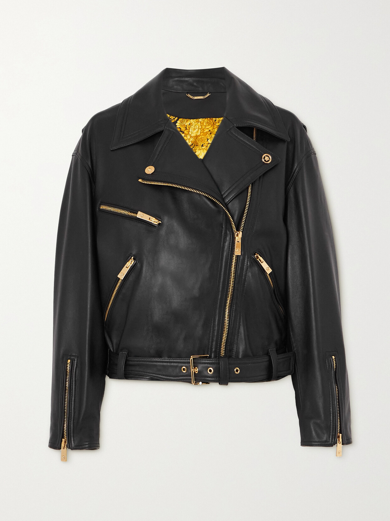 Versace Belted Leather Biker Jacket In Black