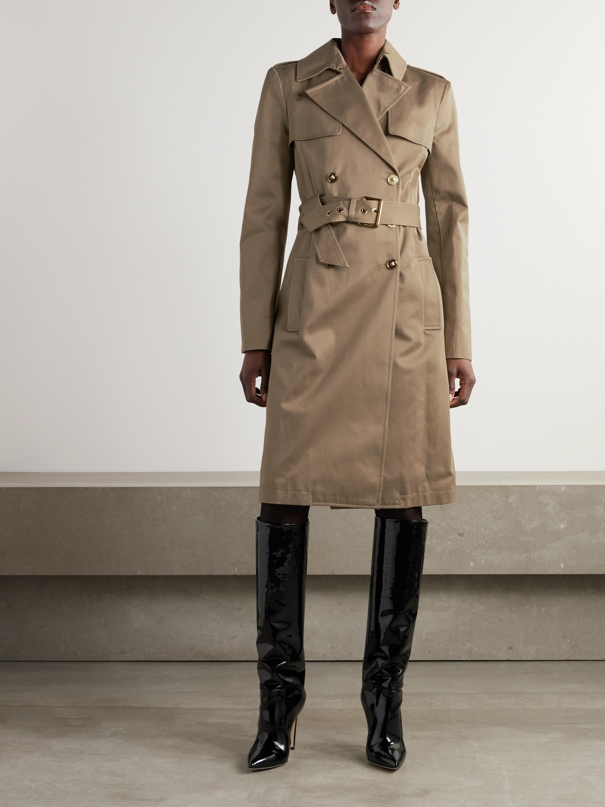 Shop Versace Icons Belted Double-breasted Cotton-gabardine Trench Coat In Neutrals