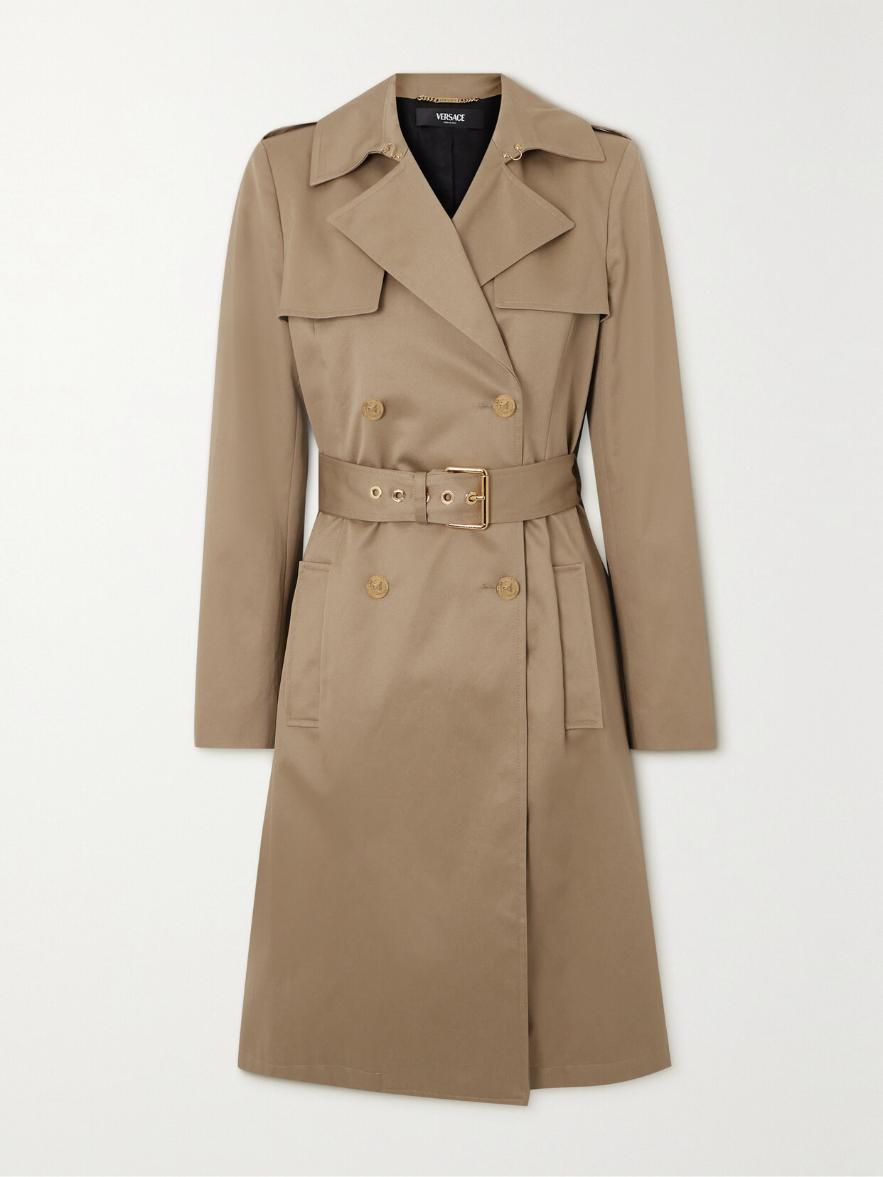 Shop Versace Icons Belted Double-breasted Cotton-gabardine Trench Coat In Neutrals