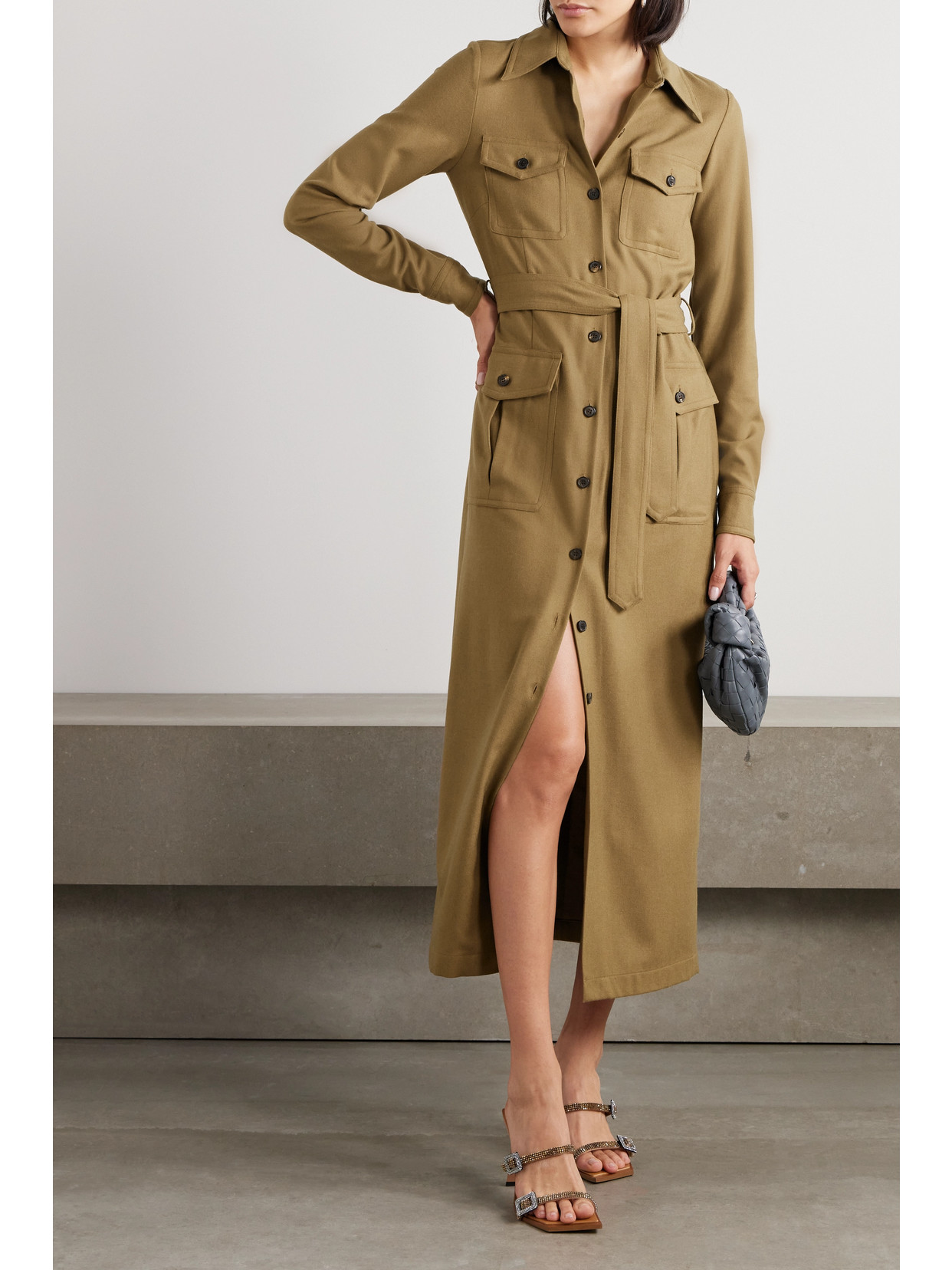 Shop Dries Van Noten Belted Wool-blend Twill Midi Shirt Dress In Brown