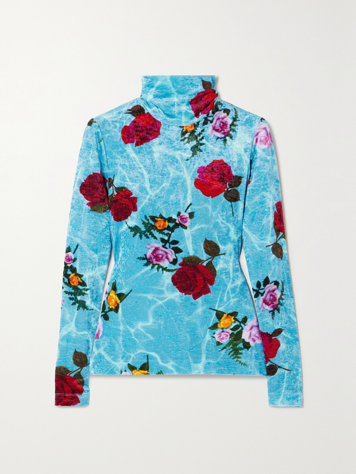 Shop Dries Van Noten Heyser Floral-print Crushed-velvet Turtleneck Top In Blue