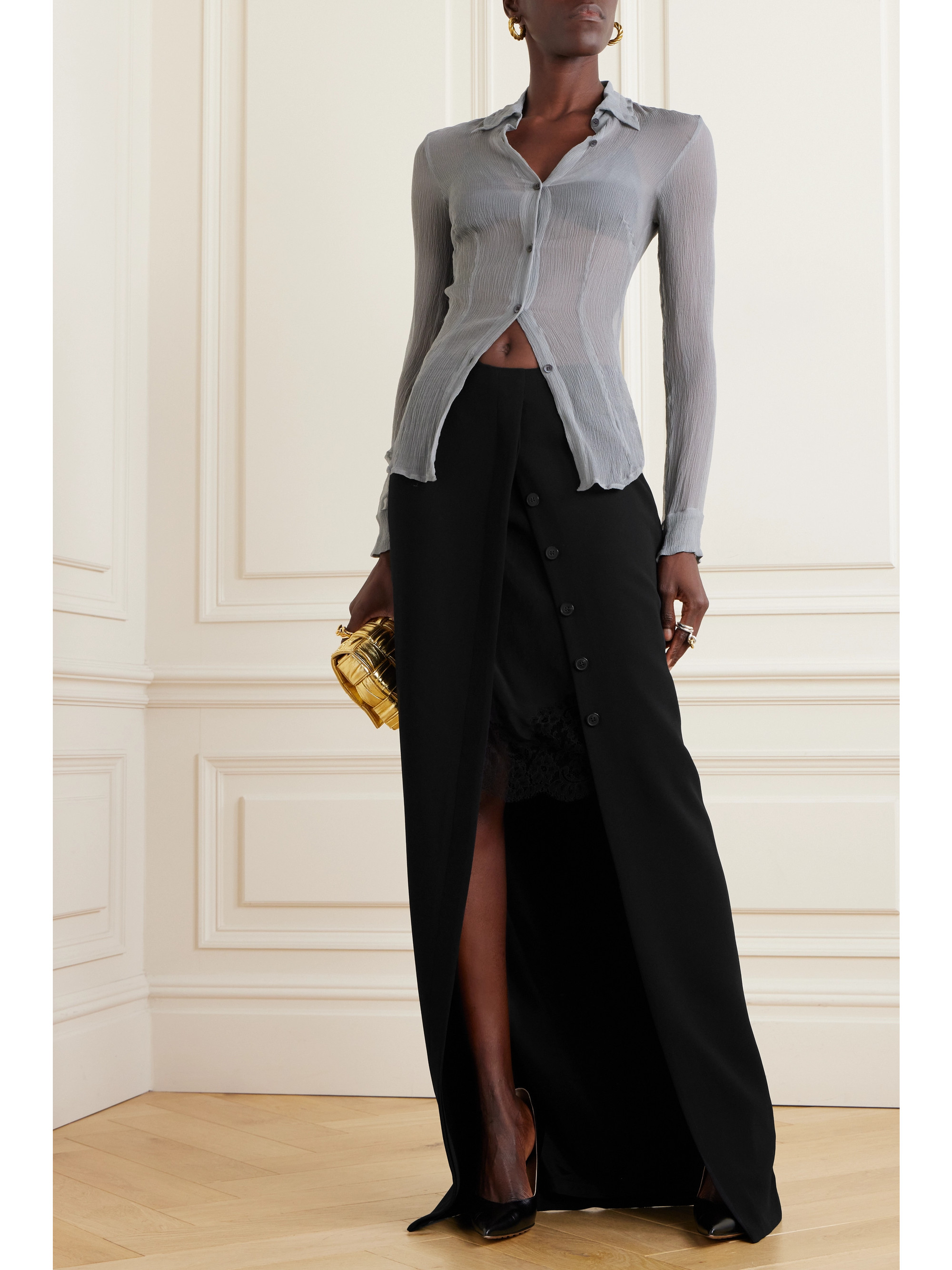 Dries Van Noten Layered lace-trimmed crepe maxi skirt