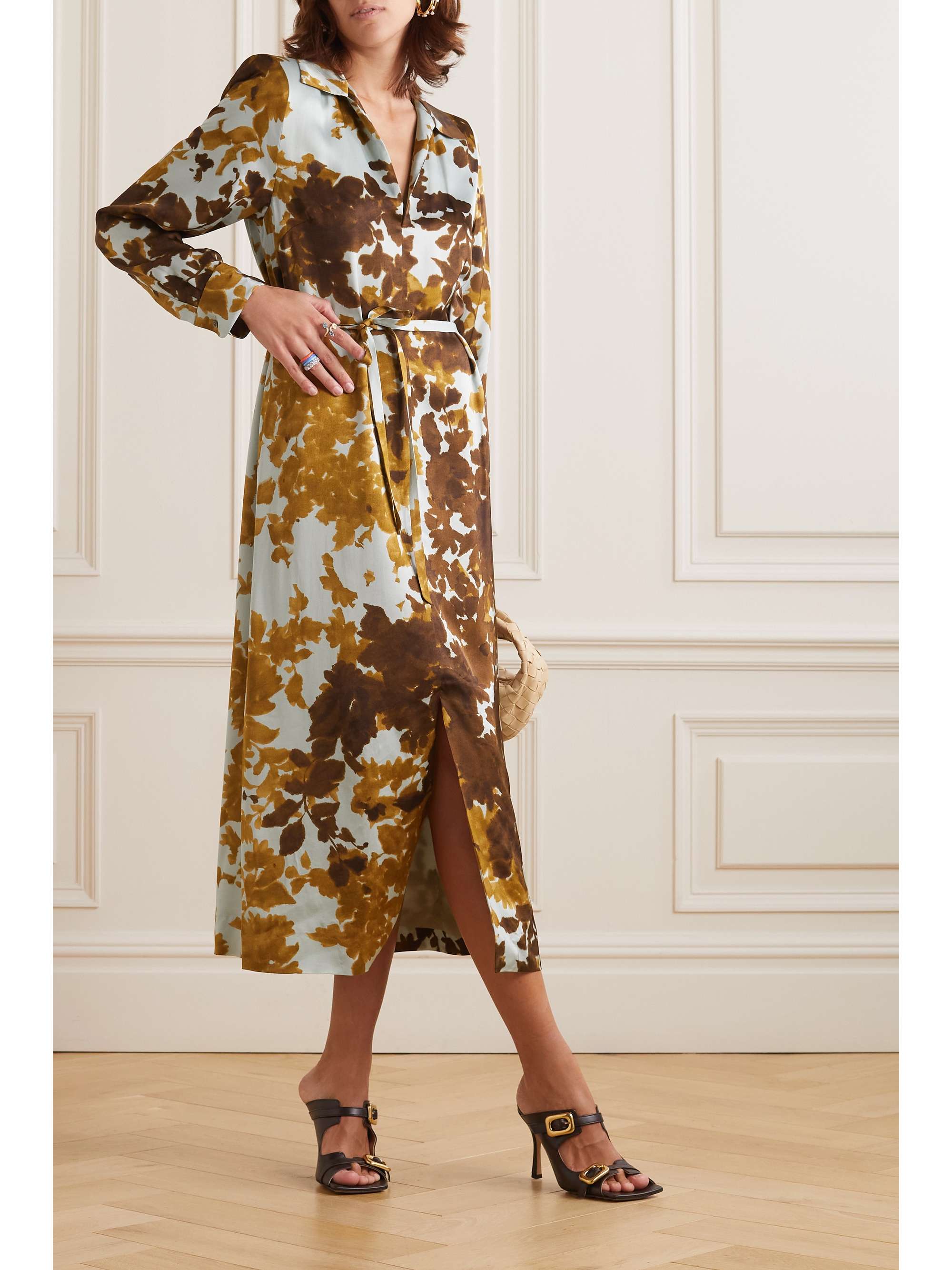 DRIES VAN NOTEN Belted printed charmeuse midi dress