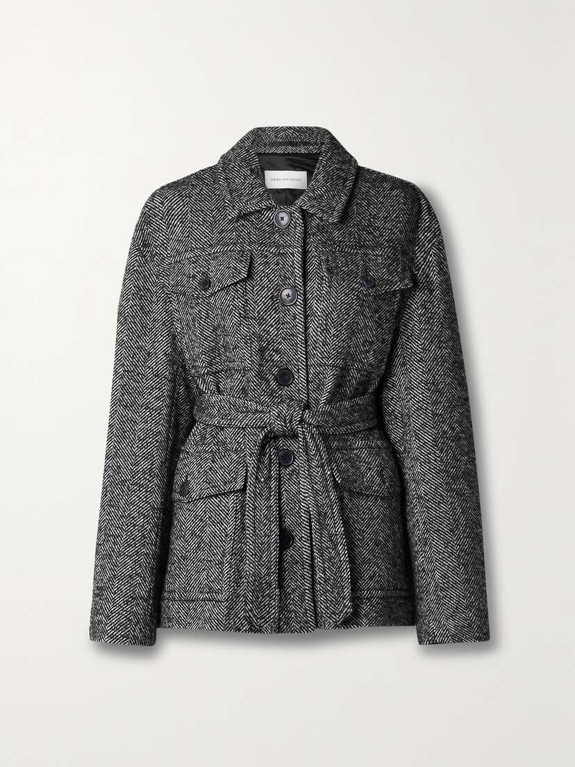Dries Van Noten Belted Padded Herringbone Wool-blend Jacket