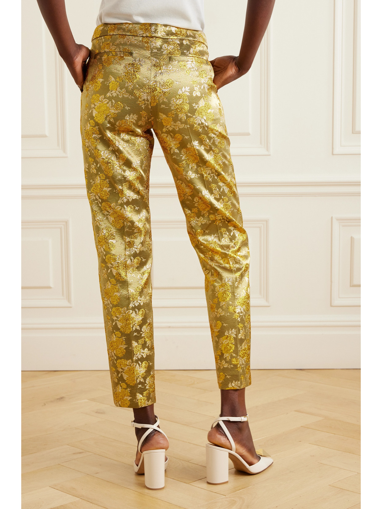 Shop Dries Van Noten Metallic Brocade Slim-leg Pants In Gold