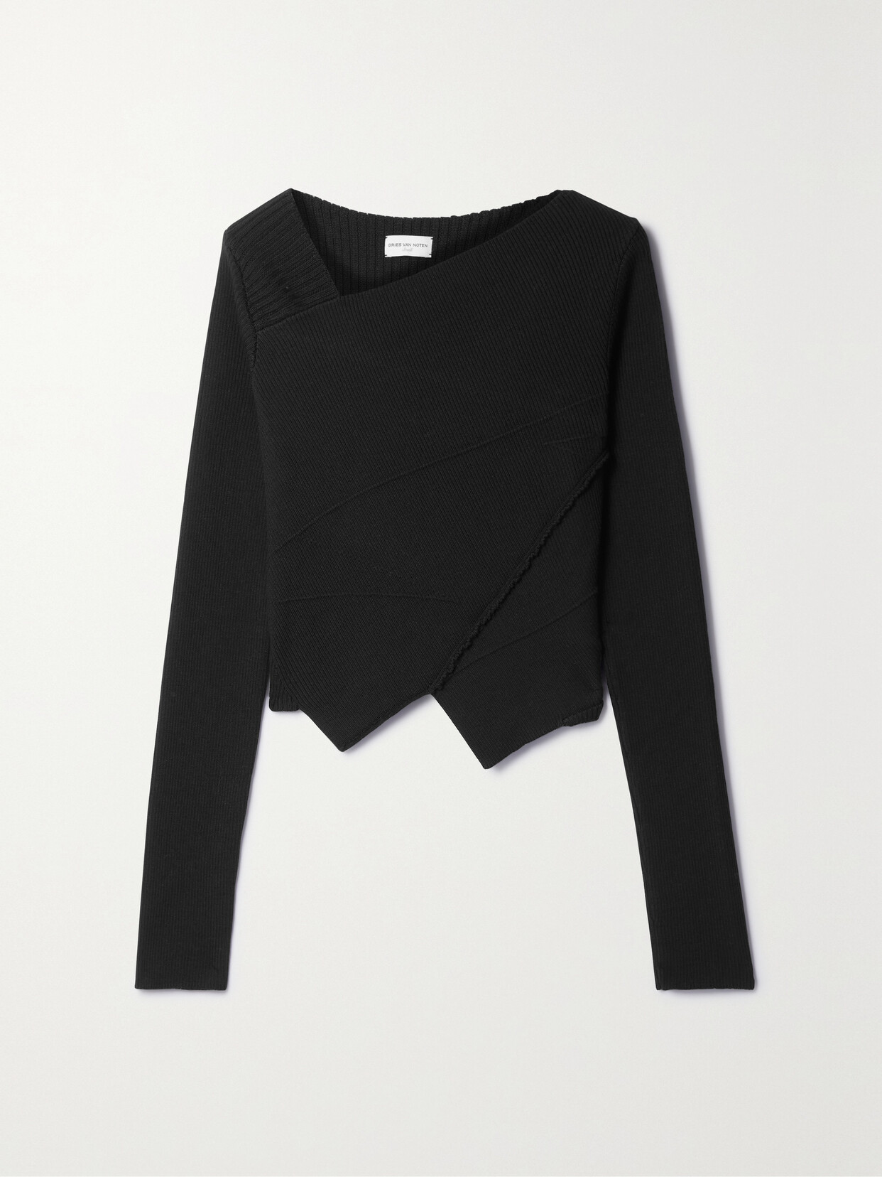 DRIES VAN NOTEN CROPPED ASYMMETRIC RIBBED MERINO WOOL SWEATER