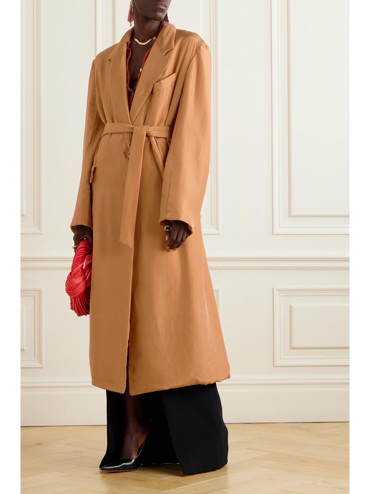 Shop Dries Van Noten Belted Silk Coat In Brown