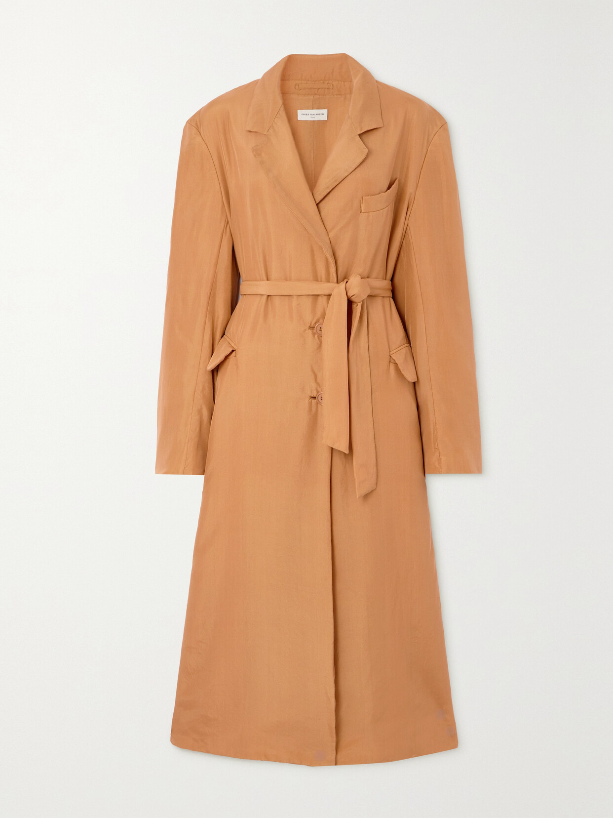 Dries Van Noten Belted Silk Coat In Brown