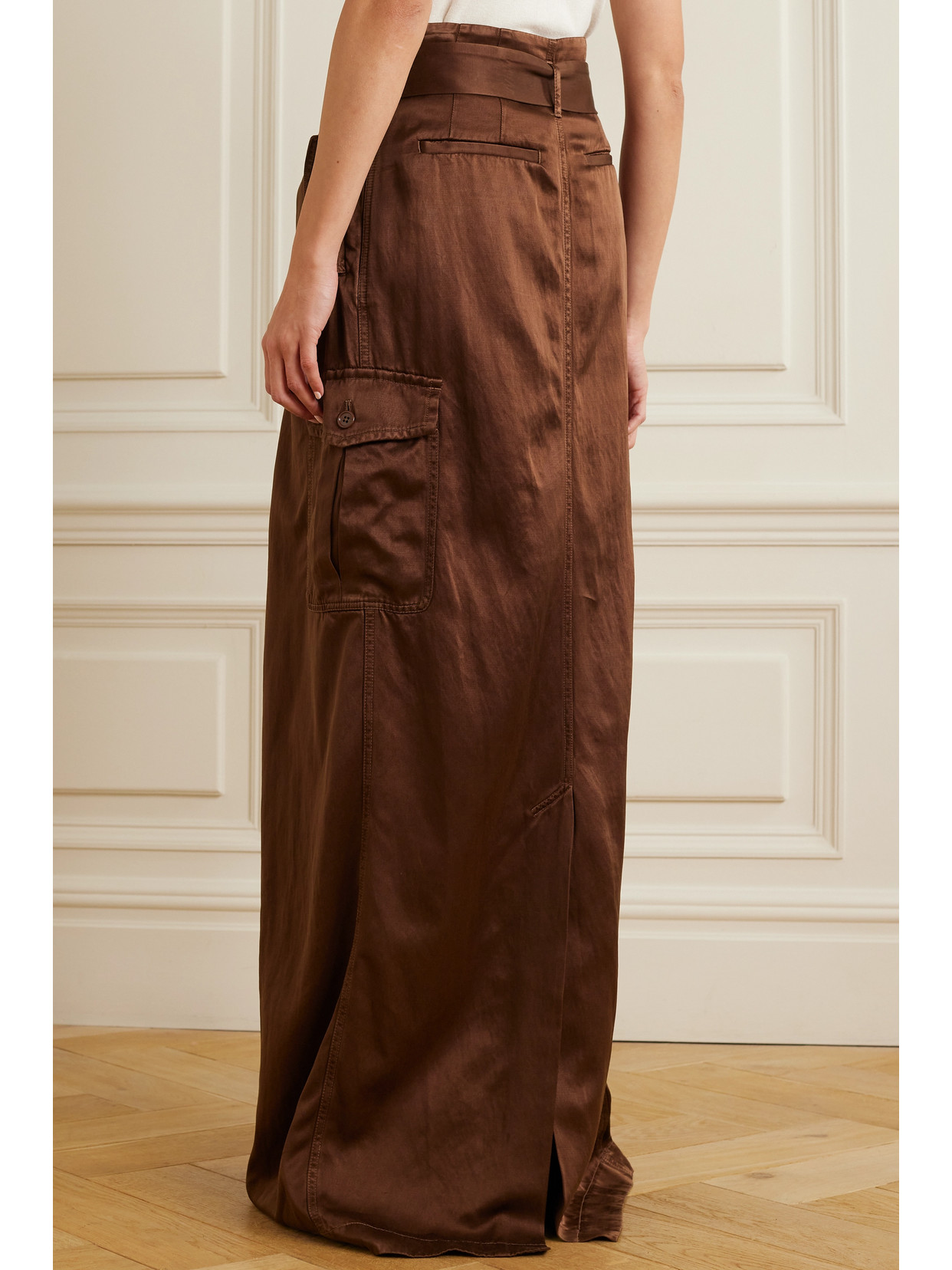 Dries Van Noten Belted Satin-twill Maxi Skirt In Brown