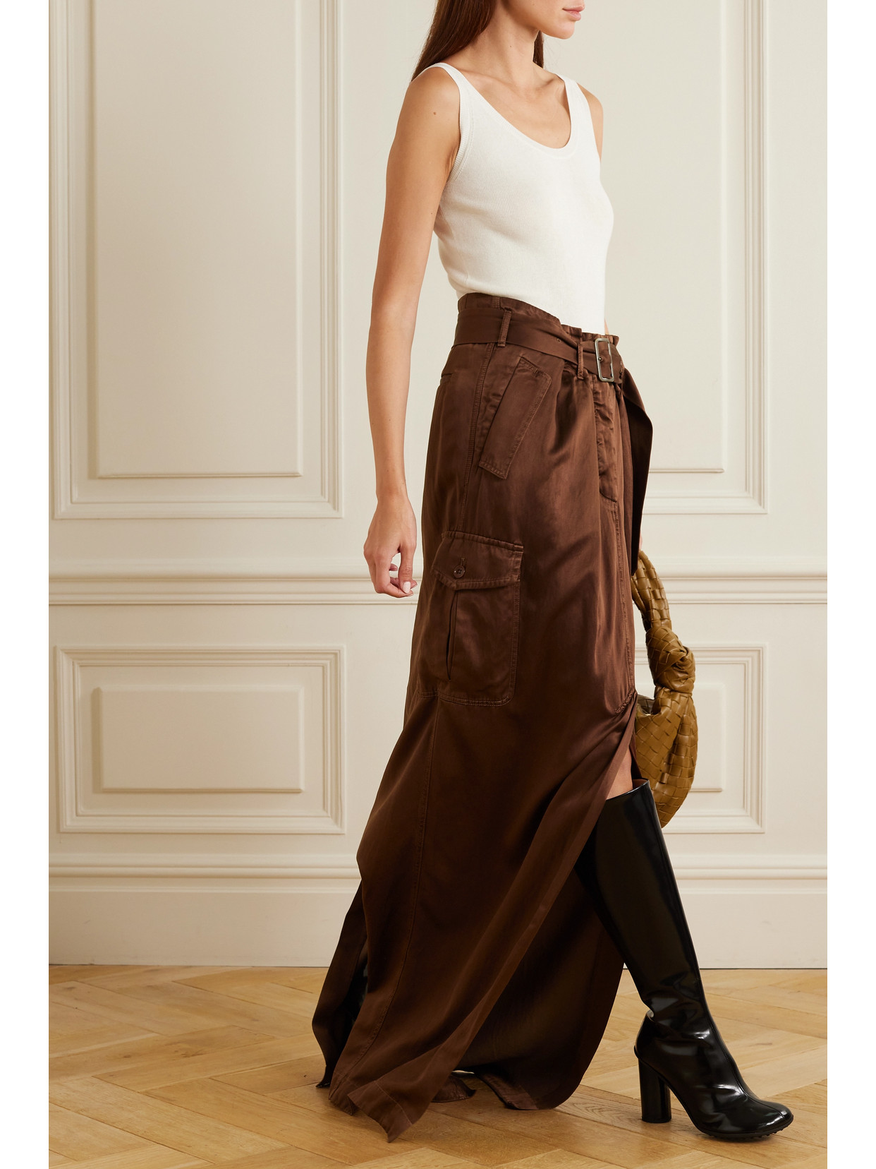 Shop Dries Van Noten Belted Satin-twill Maxi Skirt In Brown