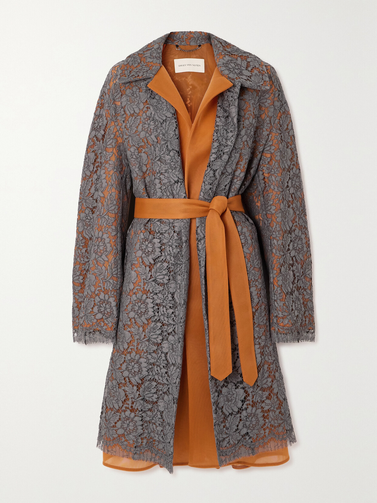 Dries Van Noten Belted Guipure Lace And Crepe Coat In Gray