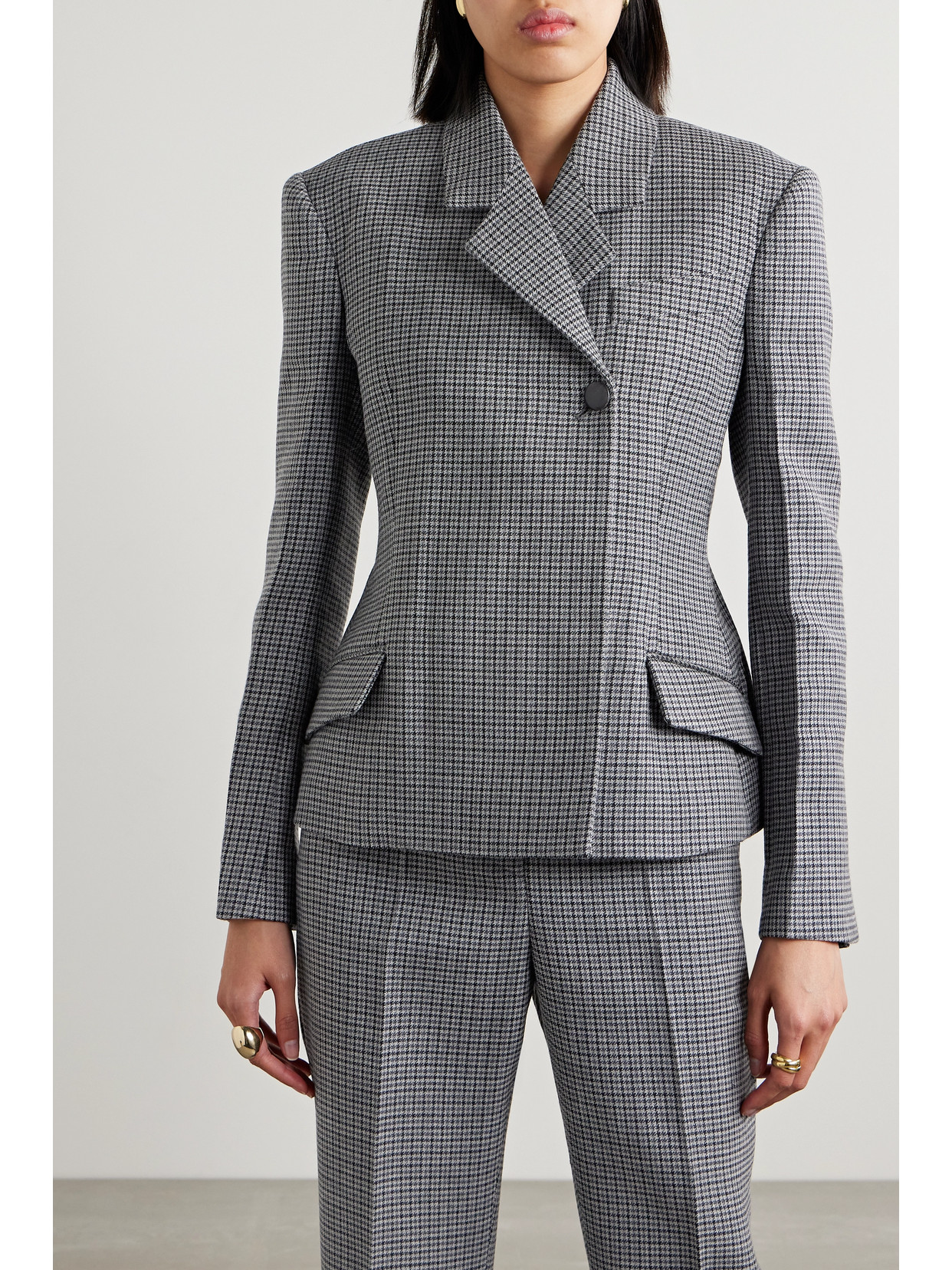 Ferragamo Micro Houndstooth Tailored Wool Blazer Jacket In Gray