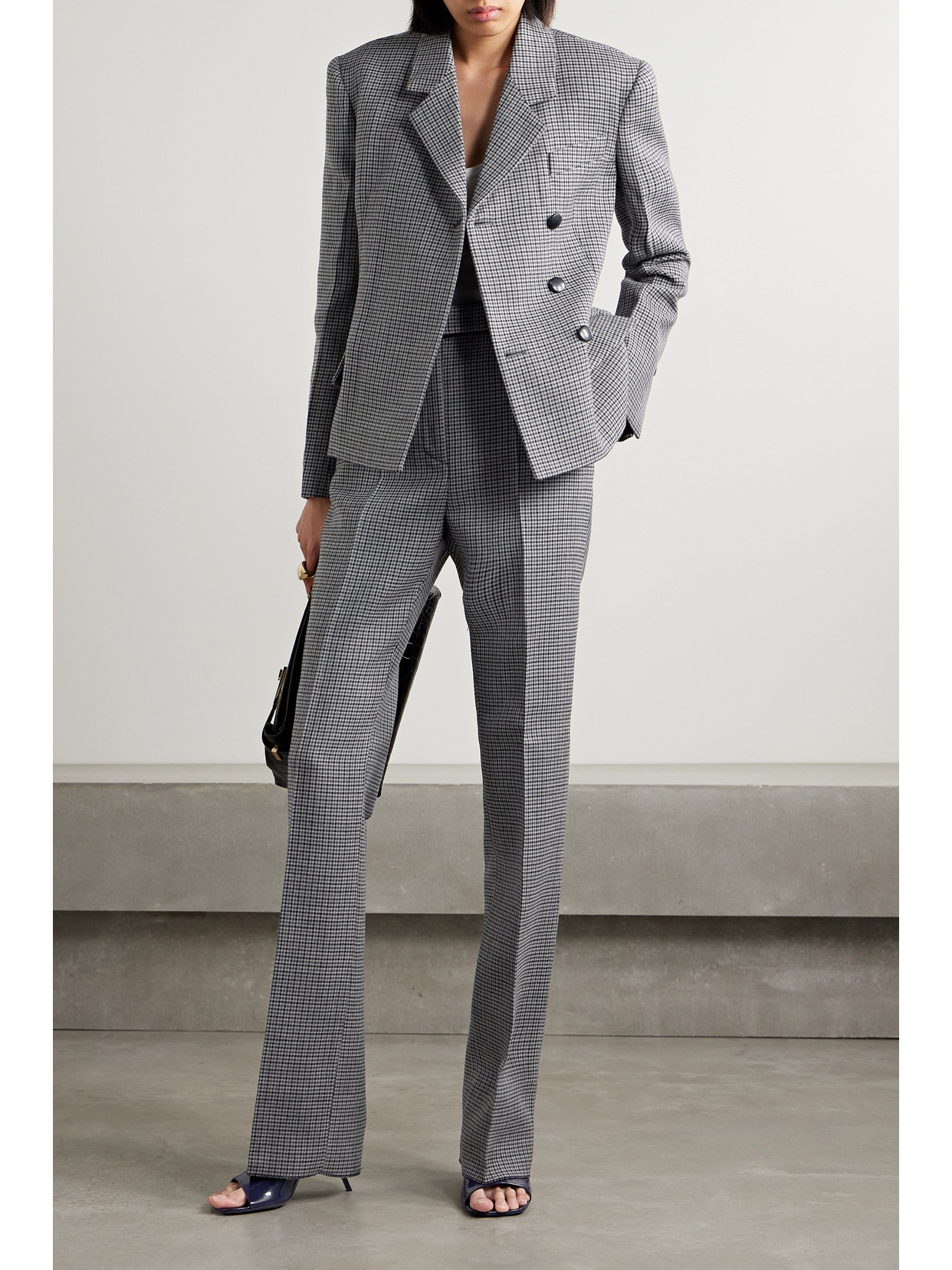 Ferragamo Micro Houndstooth Tailored Wool Blazer Jacket In Gray