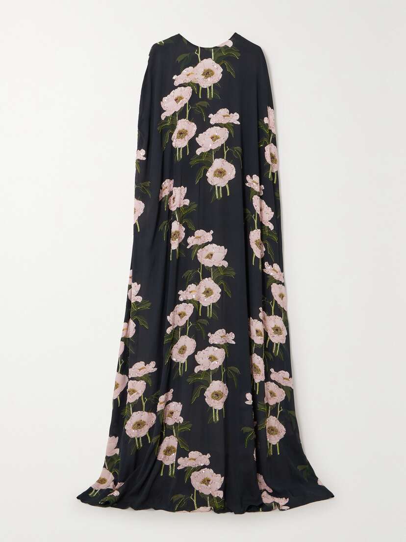 BERNADETTE Eleonore Cape-effect Embellished Floral-print Crepe De Chine Gown