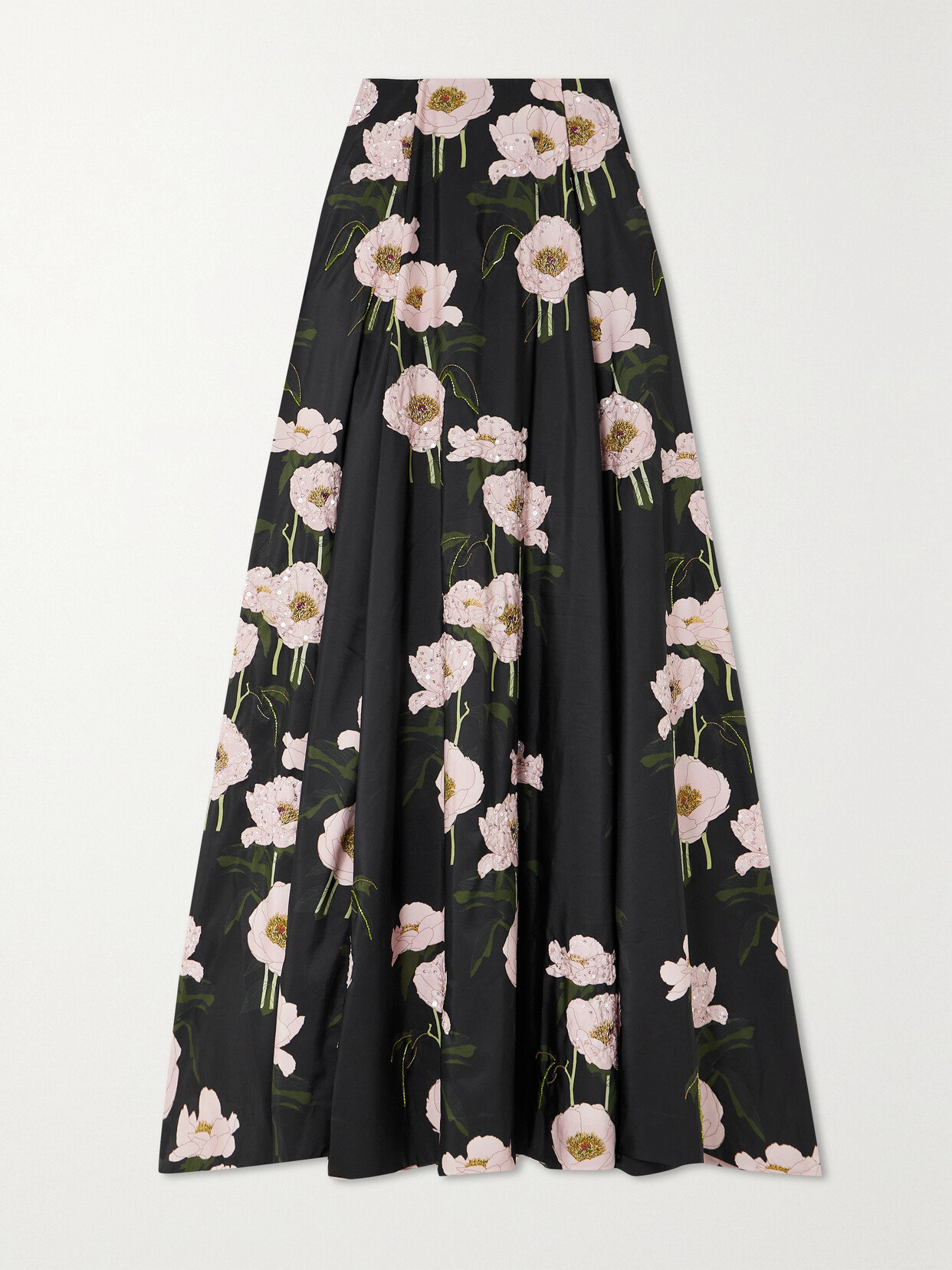 Bernadette Kennedy Pleated Embellished Floral-print Taffeta Maxi Skirt In Black