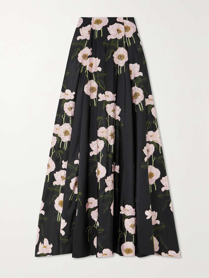 BERNADETTE Kennedy Pleated Embellished Floral-print Taffeta Maxi Skirt