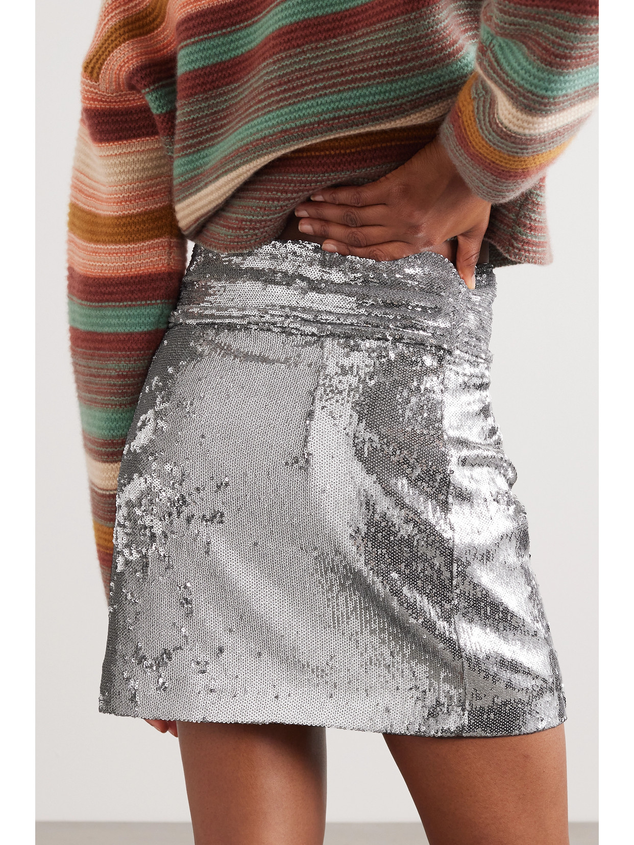 Bernadette Bernard Asymmetric Sequined Taffeta Mini Skirt In Silver