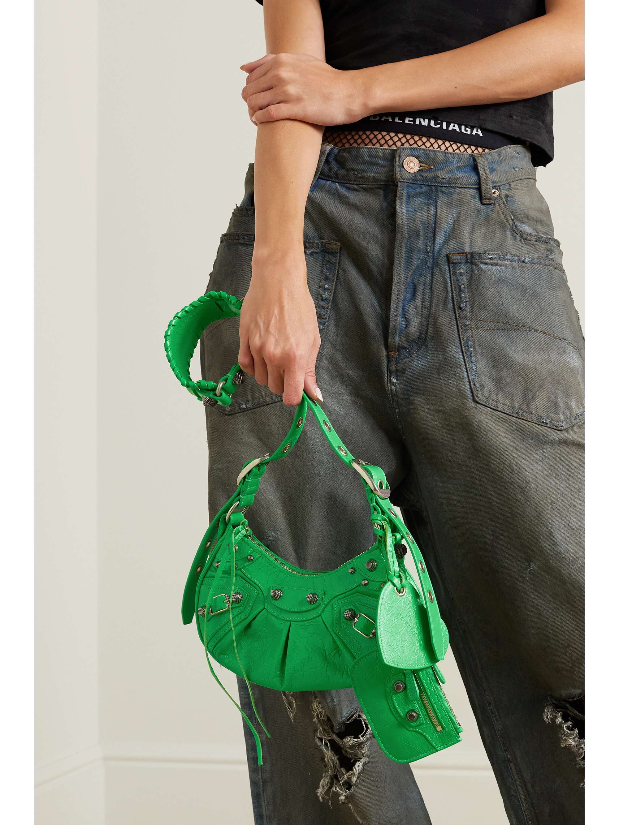 BALENCIAGA Le Cagole XS studded crinkled-leather shoulder bag