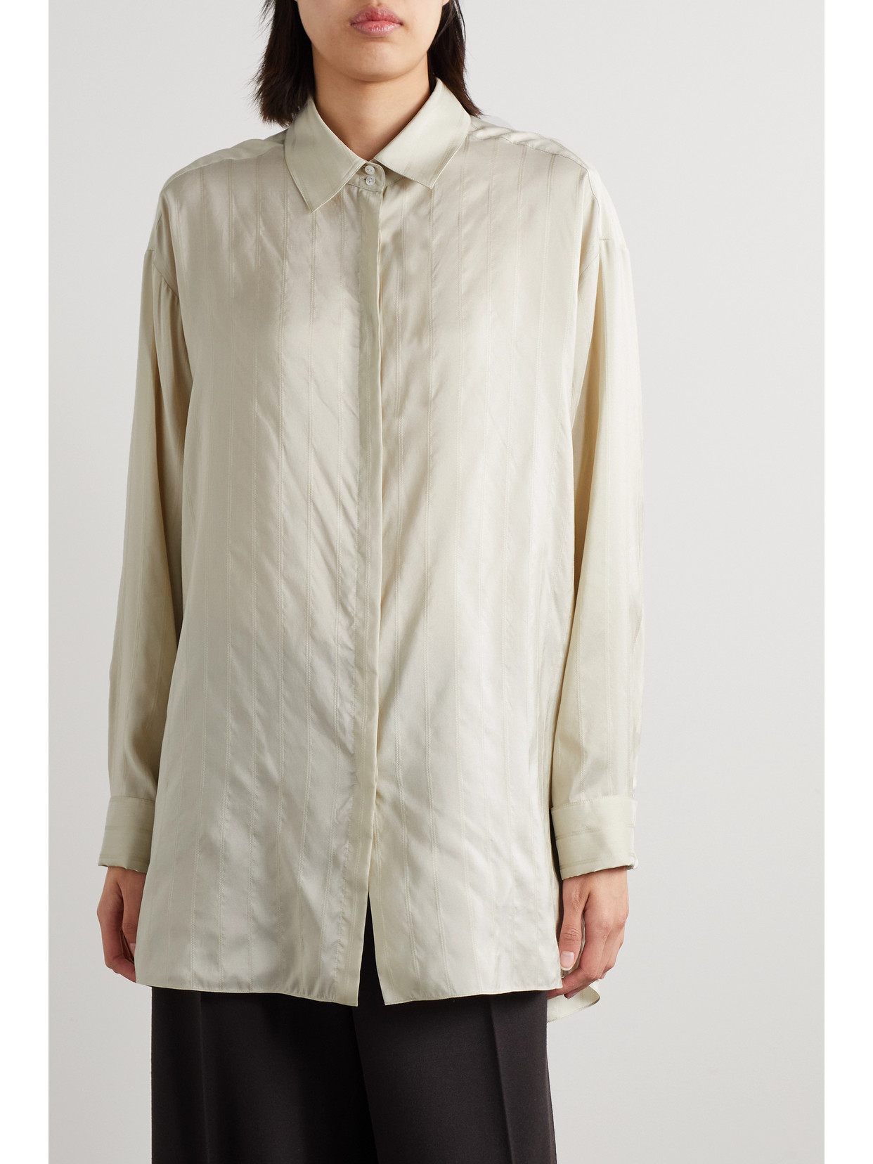The Row Nomoon Oversized Embroidered Striped Silk Shirt In Off-white