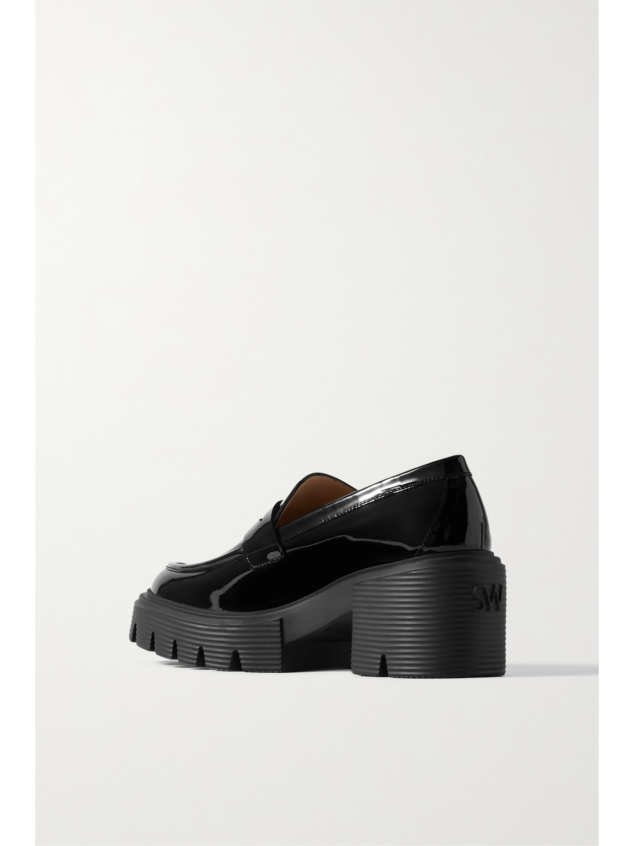 Stuart Weitzman Chunky Heel Platform Loafers In Glossy Patent Leather In Black