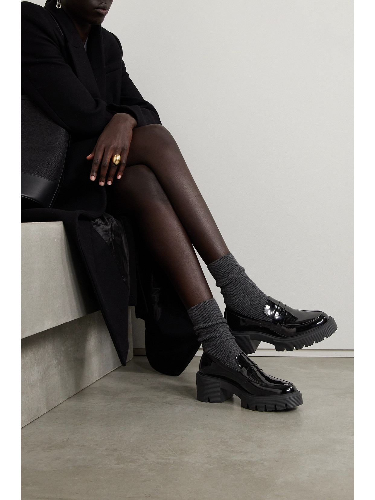 Stuart Weitzman Chunky Heel Platform Loafers In Glossy Patent Leather In Black