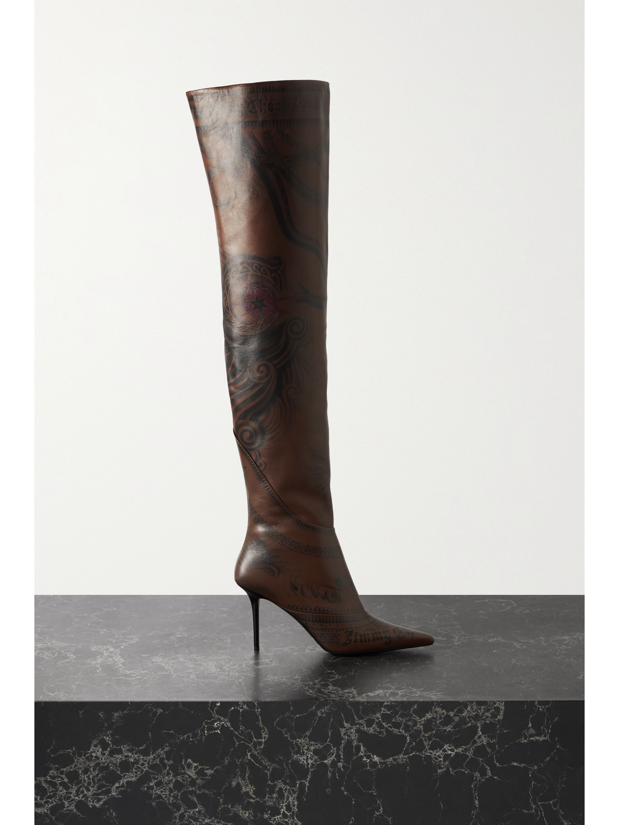 Jimmy Choo + Jean Paul Gaultier 90 Printed Leather Over-the-knee Boots In Brown