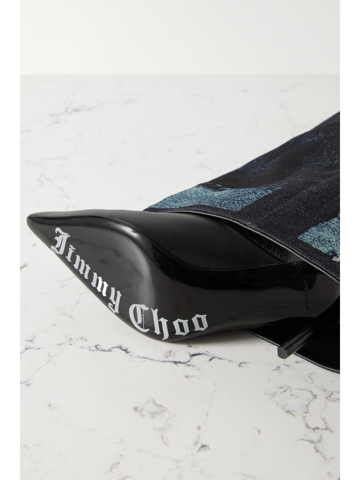 + Jean Paul Gaultier 90 Printed Denim And Leather Over-The-Knee Boots