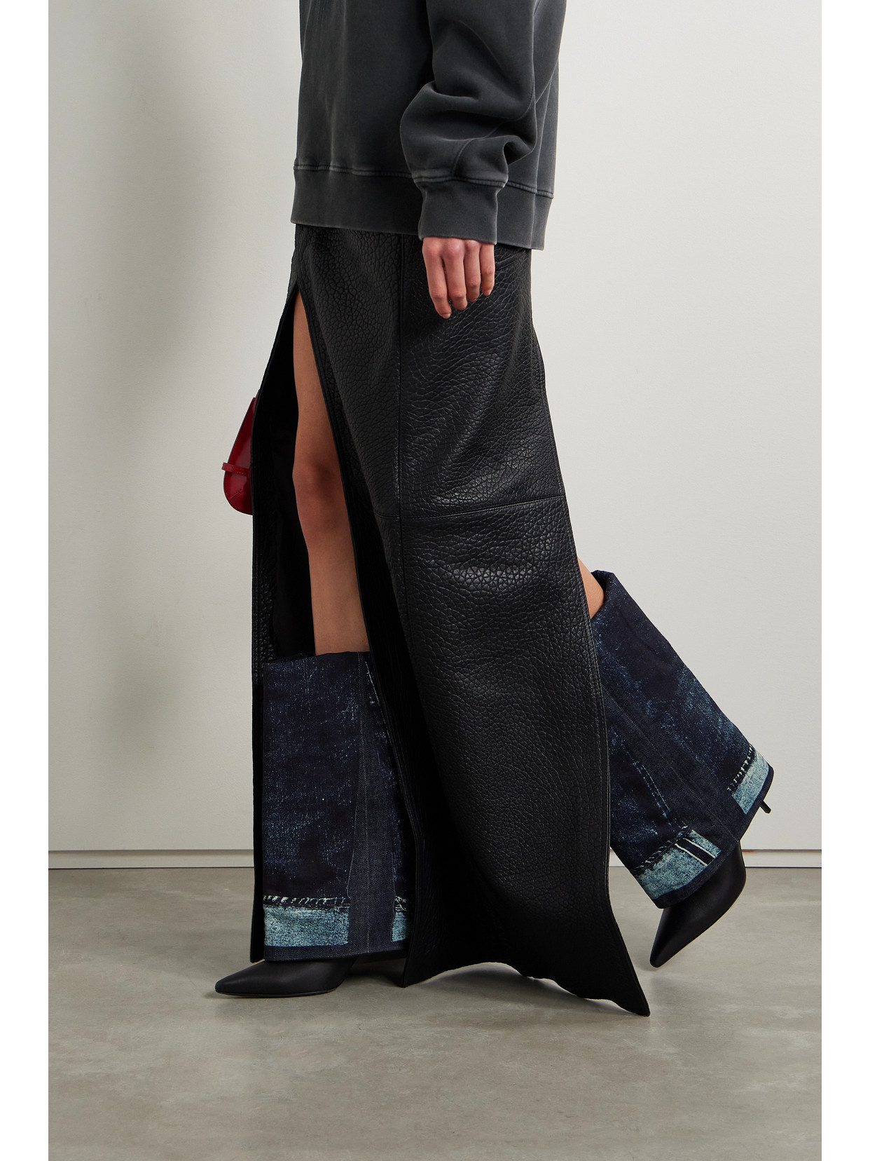 + Jean Paul Gaultier 90 Printed Denim And Leather Over-The-Knee Boots