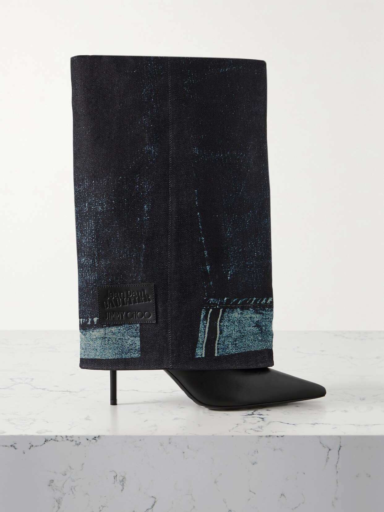 Jimmy Choo + Jean Paul Gaultier 90 Printed Denim And Leather Over-the-knee Boots In Blue