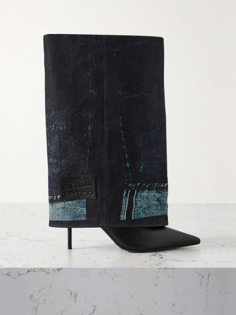 Jimmy Choo + Jean Paul Gaultier 90 Printed Denim And Leather Over-the-knee Boots