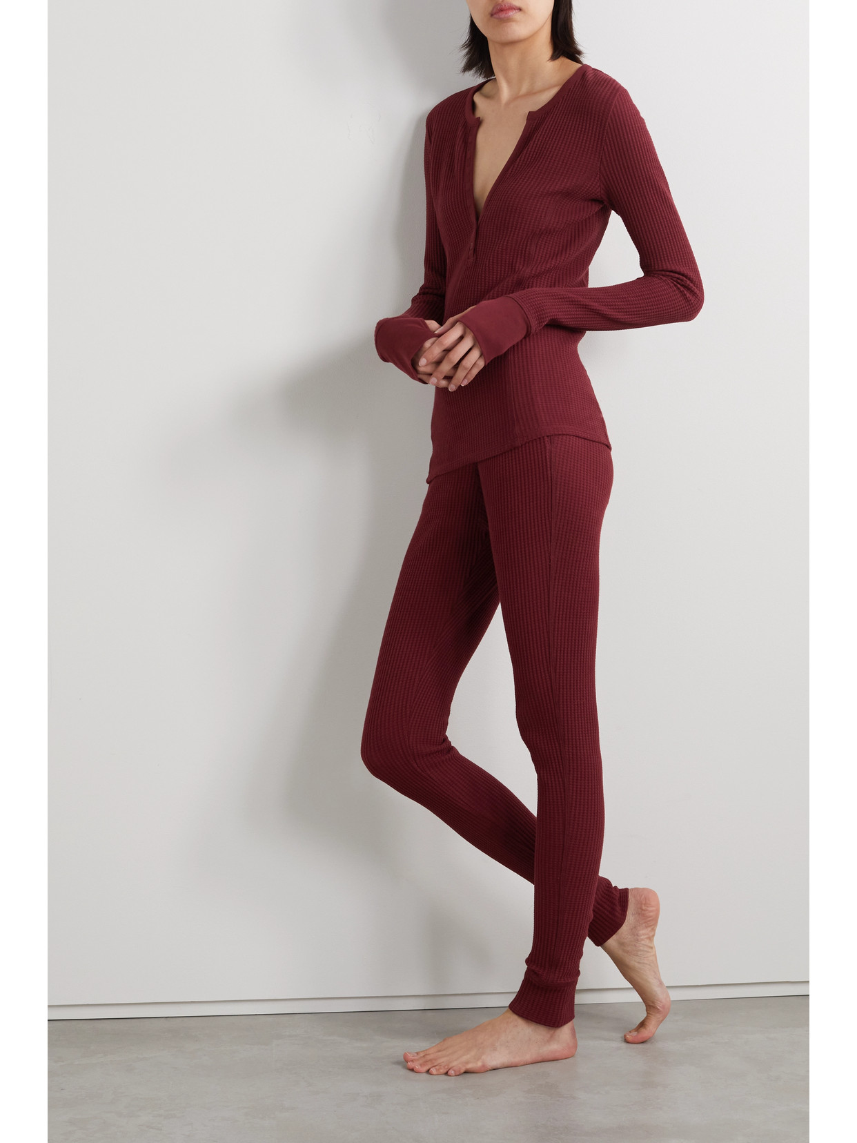 Shop Skin + Net Sustain Judy Waffle-knit Stretch Organic Cotton-jersey Pajama Pants In Burgundy